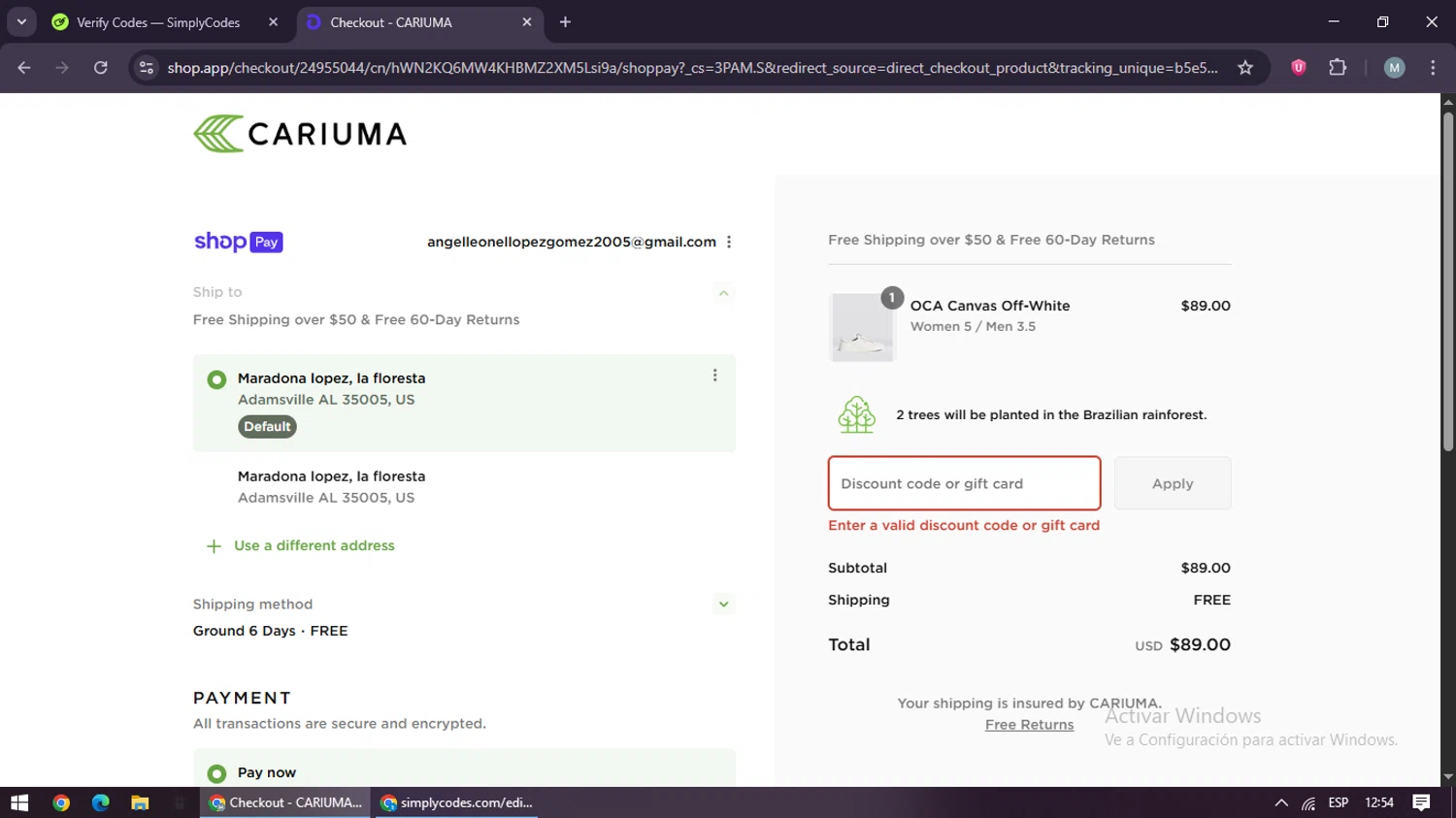 Cariuma discount code screenshot showing code WEARE5 applied at Cariuma checkout page. Uploaded by SimplyCodes community member maraxo on Aug 28, 2025