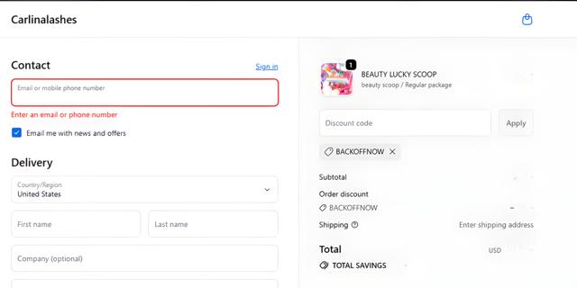 Carlina Lashes checkout page showing Carlina Lashes promo code box | Screenshot taken by SimplyCodes community member on Sep 26, 2025