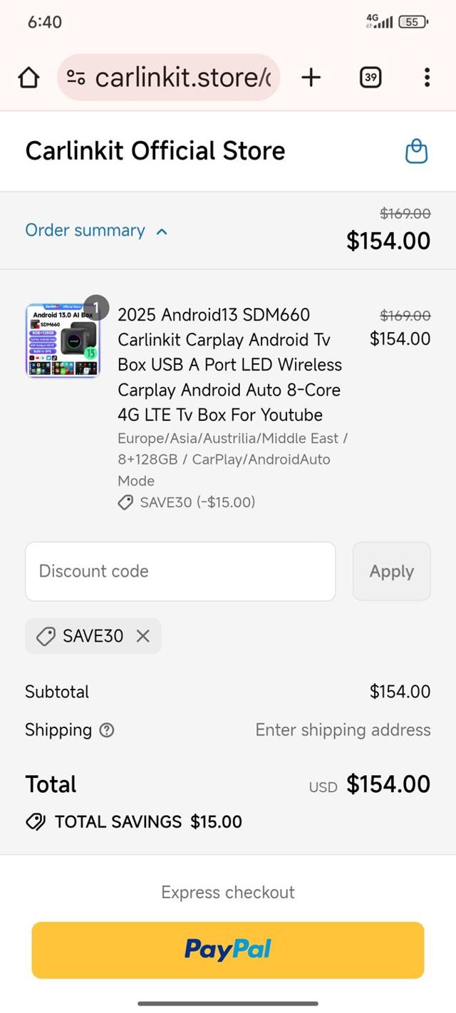 Carlinkit Store checkout page showing Carlinkit Store promo code box | Screenshot taken by SimplyCodes community member on Sep 10, 2025