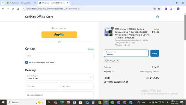 Carlinkit Store checkout page showing Carlinkit Store promo code box | Screenshot taken by SimplyCodes community member on Sep 10, 2025