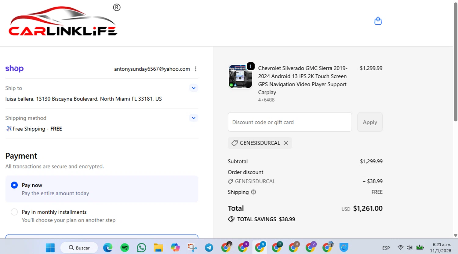Carlinklife promo code screenshot showing code GENESISDURCAL applied at Carlinklife checkout page. Uploaded by SimplyCodes community member FrugalVirtuoso6318 on Jan 11, 2026