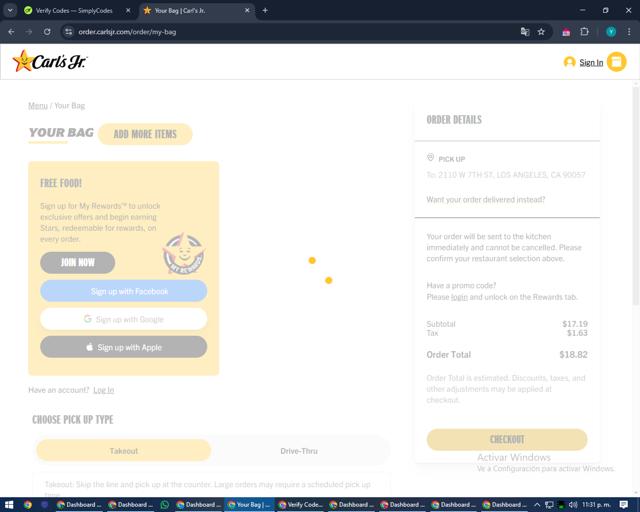 Carl's Jr. checkout page showing Carl's Jr. promo code box | Screenshot taken by SimplyCodes community member on Feb 6, 2025