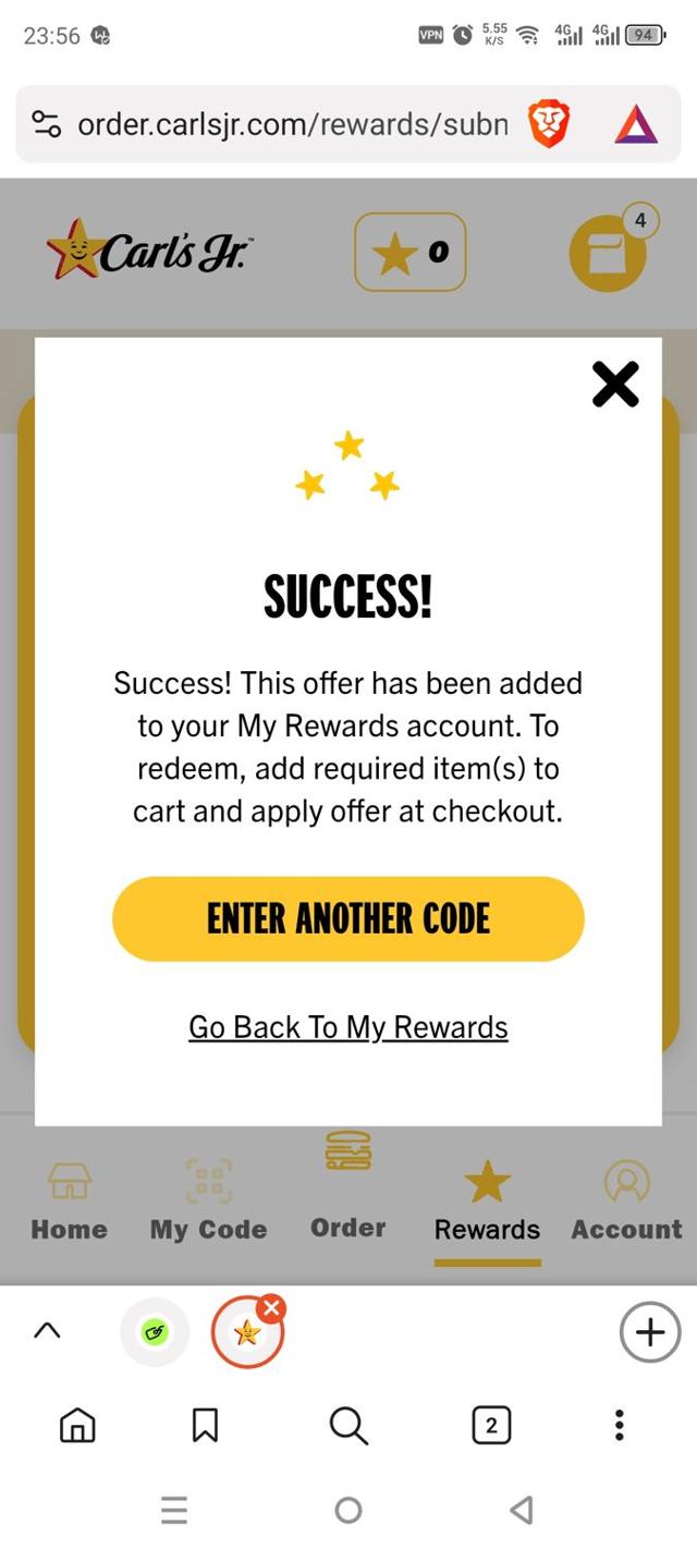 Carl's Jr. checkout page showing Carl's Jr. promo code box | Screenshot taken by SimplyCodes community member on Aug 11, 2025