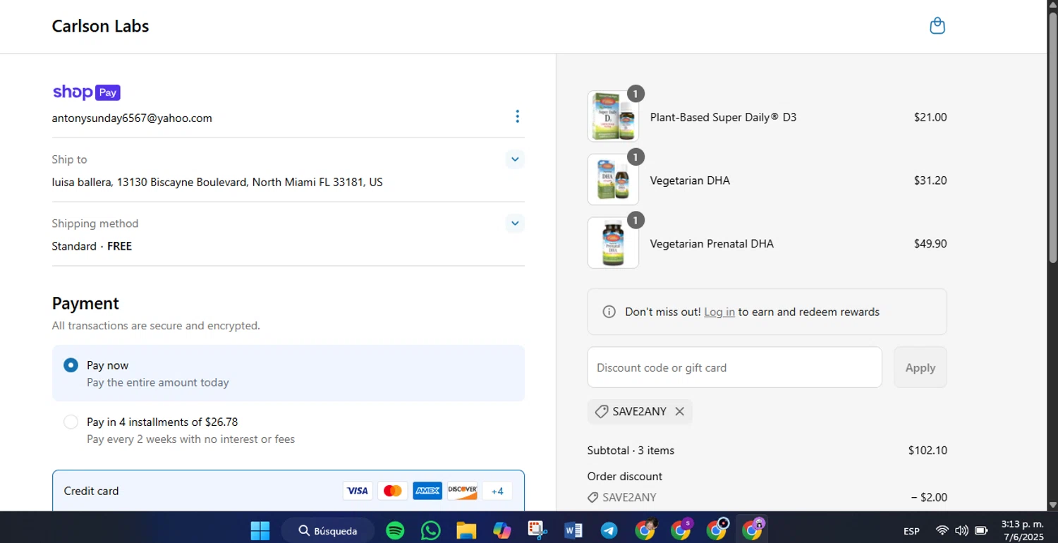 Carlson Labs coupon code screenshot showing code SAVE2ANY applied at Carlson Labs checkout page. Uploaded by SimplyCodes community member GoldLynx7797 on Jun 7, 2025