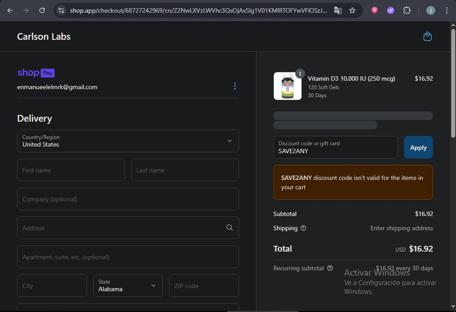 Carlson Labs coupon code screenshot showing code SAVE2ANY applied at Carlson Labs checkout page. Uploaded by SimplyCodes community member SavingsCurator5849 on Jun 7, 2025