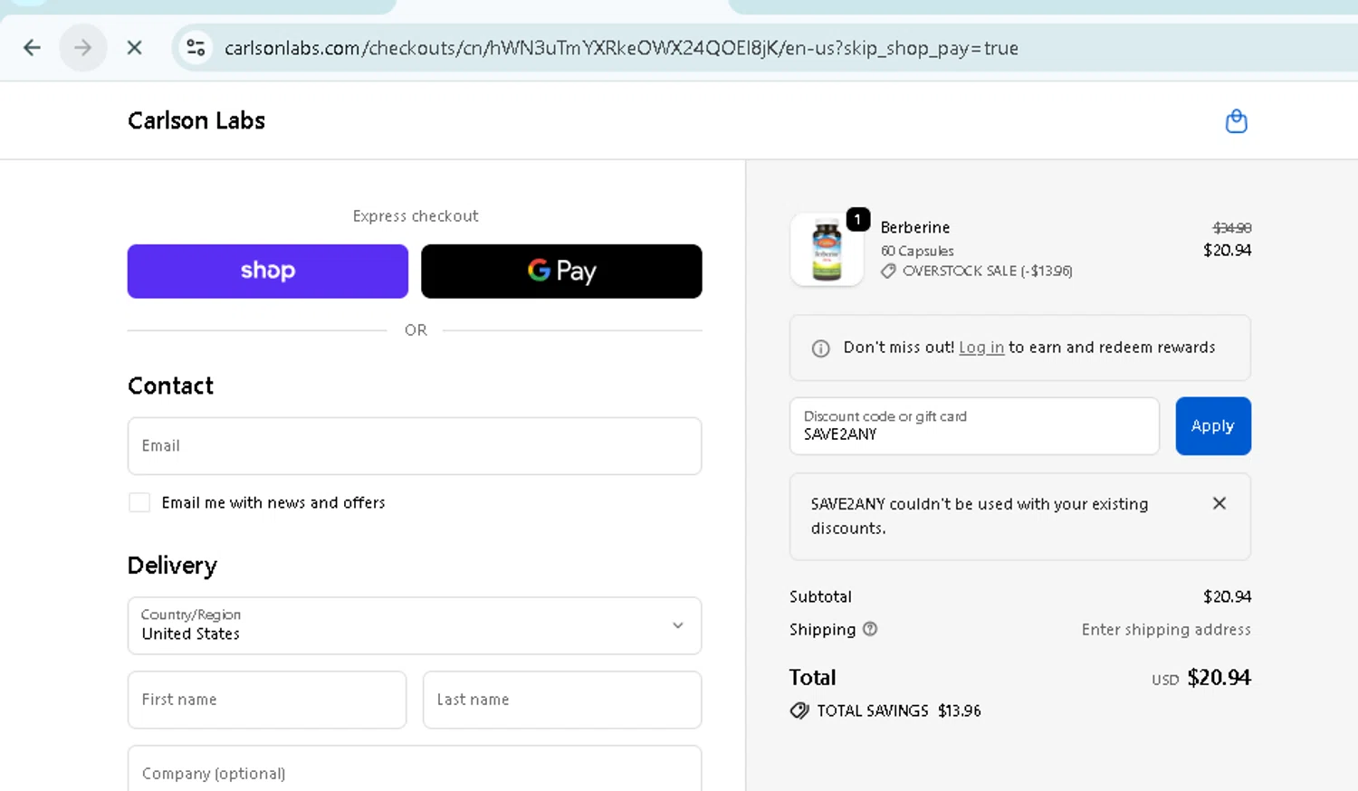 Carlson Labs coupon code screenshot showing code SAVE2ANY applied at Carlson Labs checkout page. Uploaded by SimplyCodes community member TokenMonarch796 on Oct 9, 2025