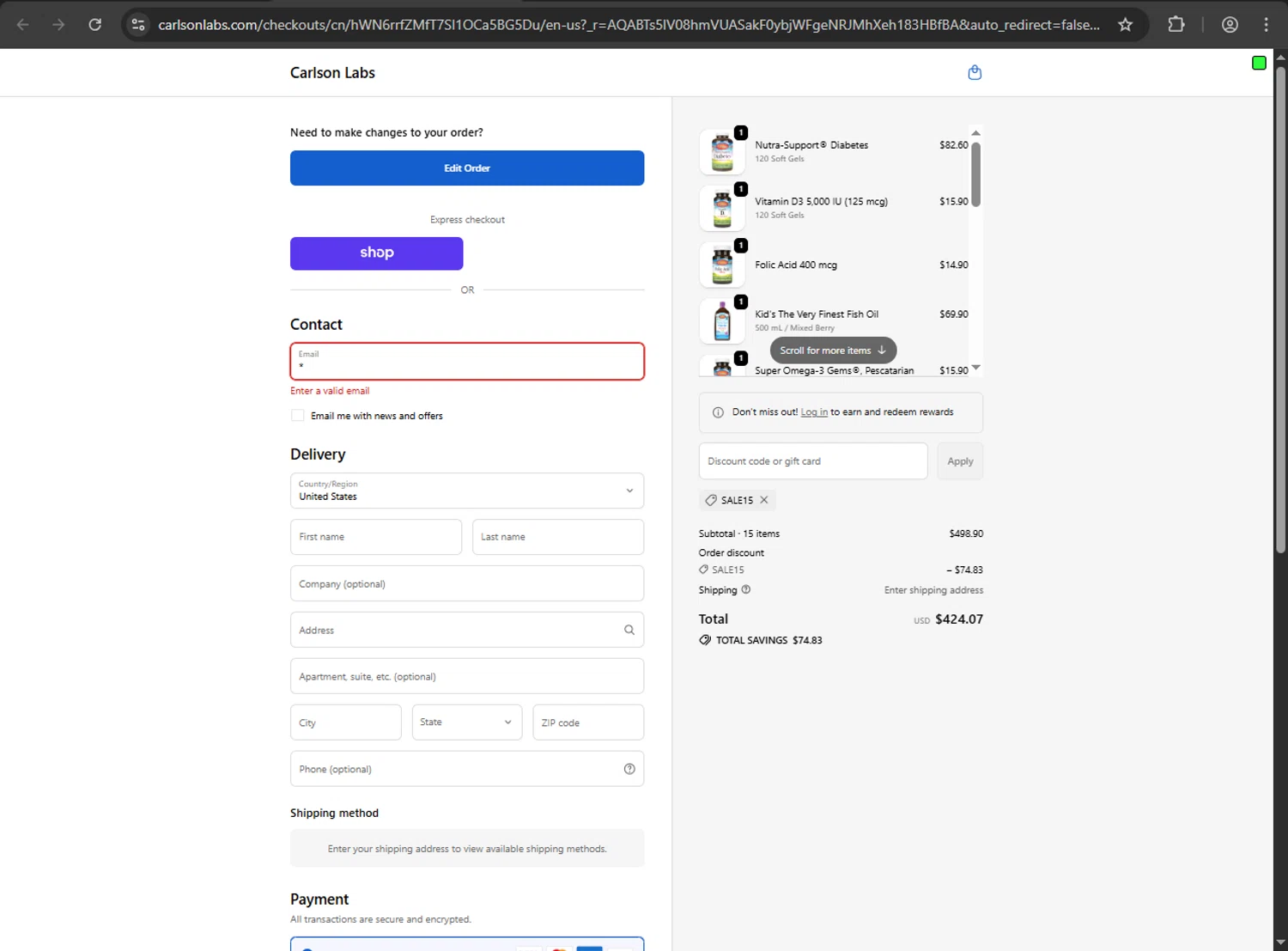 Carlson Labs coupon code screenshot showing code sale15 applied at Carlson Labs checkout page. Uploaded by SimplyCodes community member Aljondris97 on Dec 26, 2025