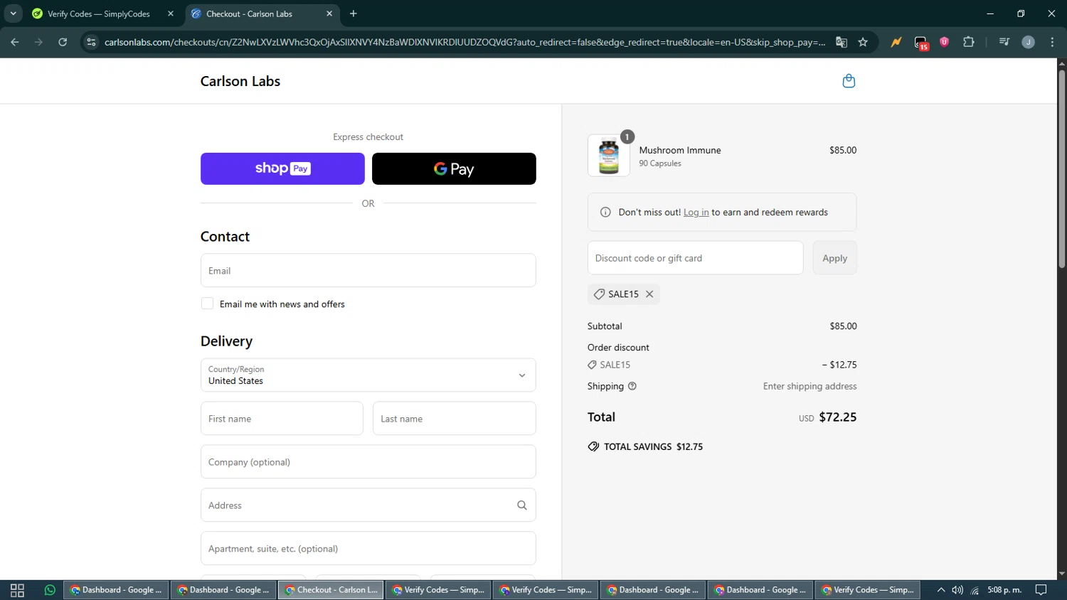 Carlson Labs coupon code screenshot showing code sale15 applied at Carlson Labs checkout page. Uploaded by SimplyCodes community member CashShopper1214 on Jun 28, 2025