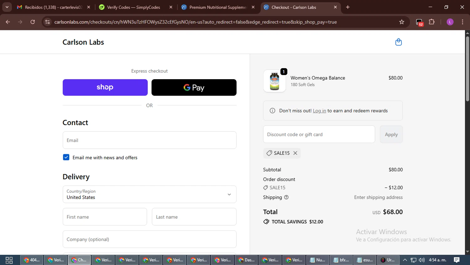 Carlson Labs coupon code screenshot showing code sale15 applied at Carlson Labs checkout page. Uploaded by SimplyCodes community member RewardScout5160 on Oct 9, 2025