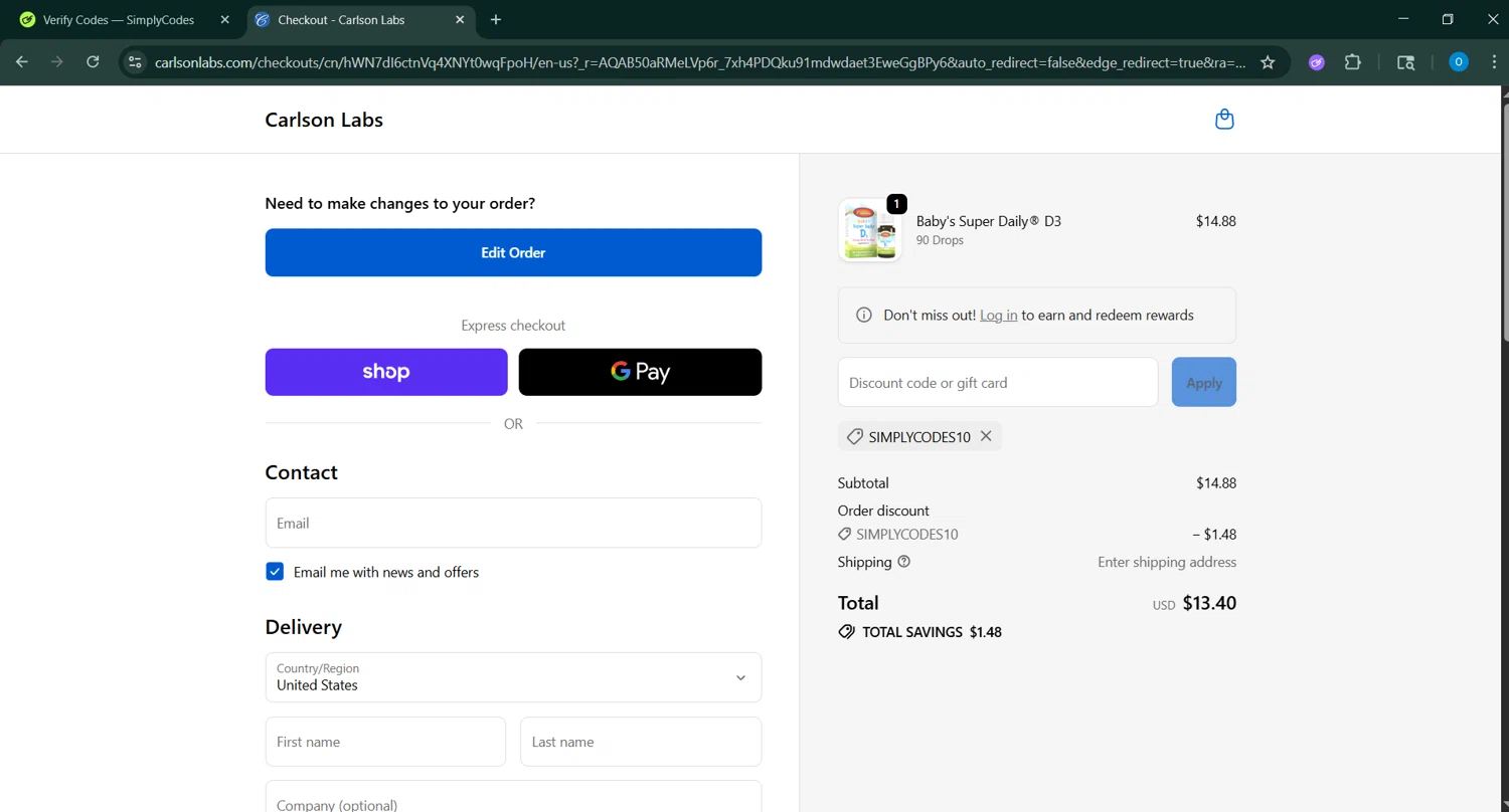 Carlson Labs coupon code screenshot showing code SIMPLYCODES10 applied at Carlson Labs checkout page. Uploaded by SimplyCodes community member GoldChaser6627 on Jan 15, 2026