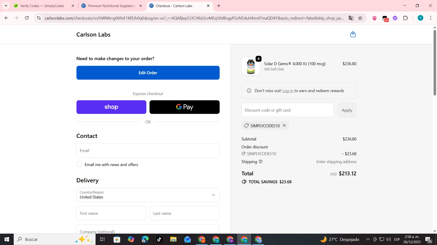 Carlson Labs coupon code screenshot showing code SIMPLYCODES10 applied at Carlson Labs checkout page. Uploaded by SimplyCodes community member lyffytaro on Dec 26, 2025