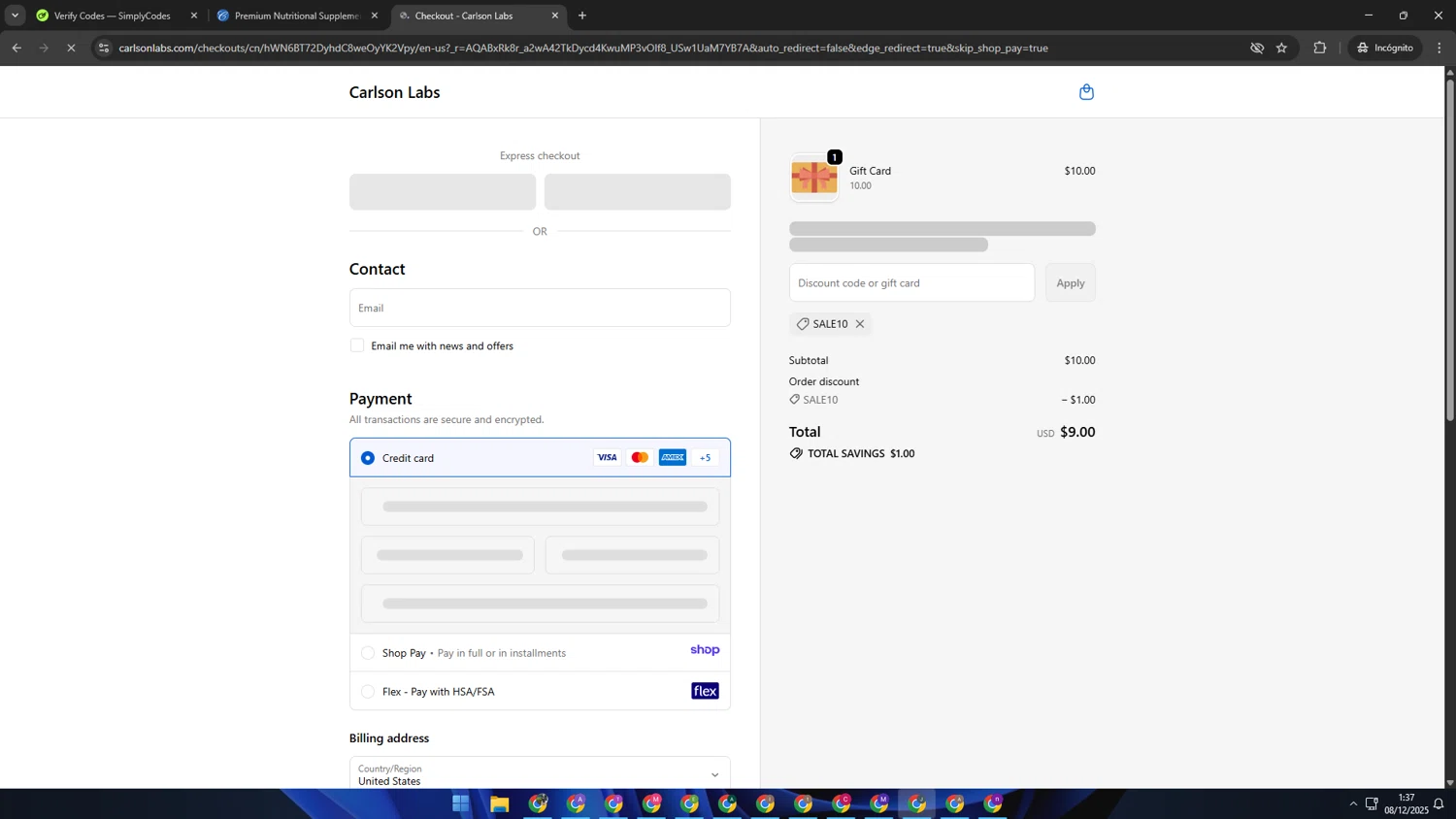 Carlson Labs coupon code screenshot showing code SALE10 applied at Carlson Labs checkout page. Uploaded by SimplyCodes community member AVATIGRITO on Dec 8, 2025