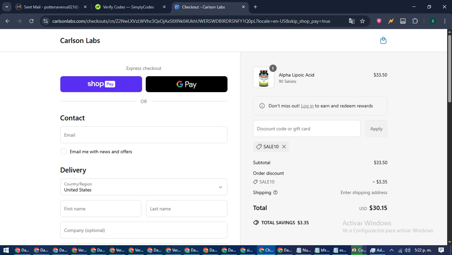 Carlson Labs coupon code screenshot showing code SALE10 applied at Carlson Labs checkout page. Uploaded by SimplyCodes community member ShrewdAce7935 on Jun 28, 2025