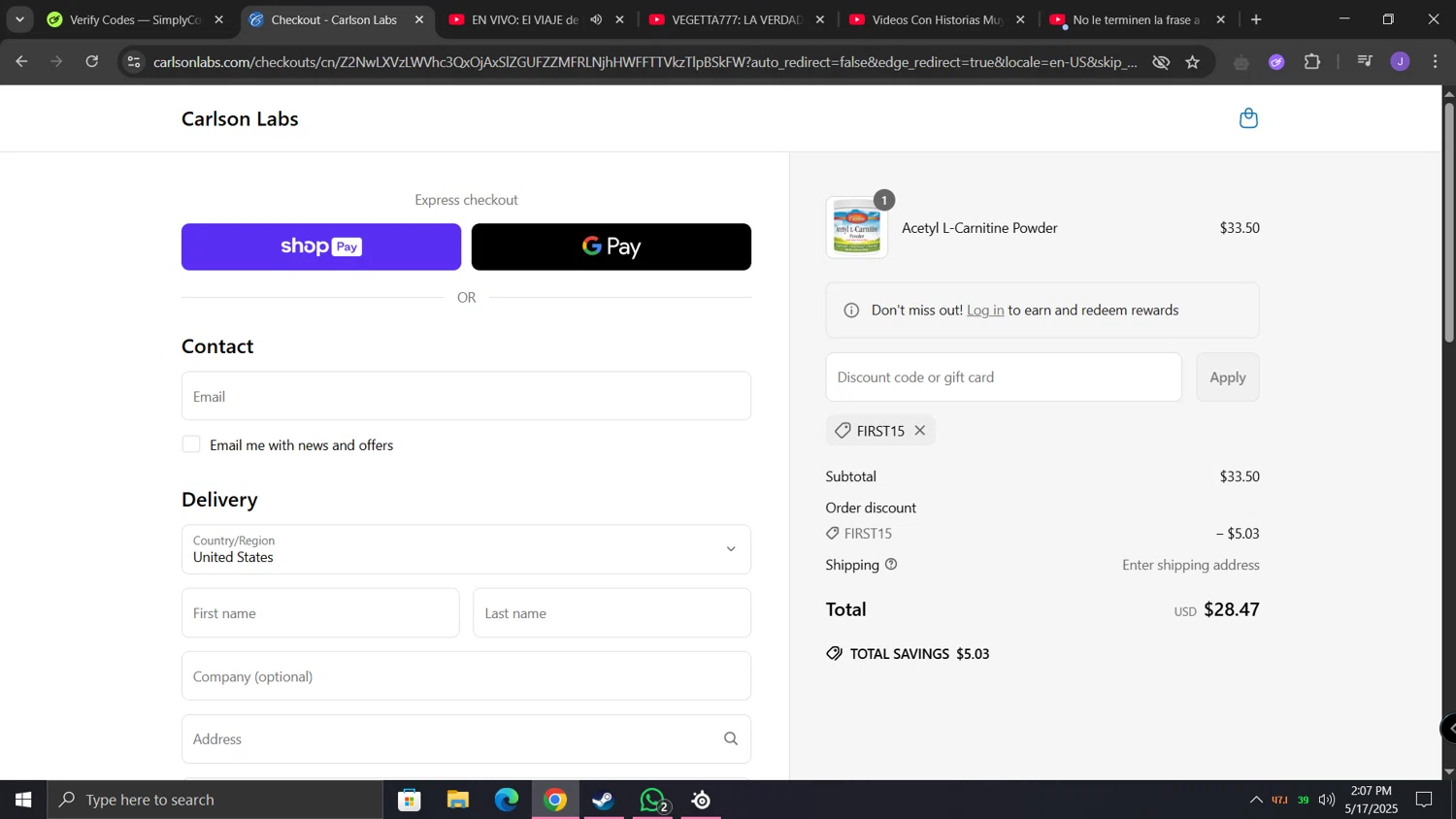 Carlson Labs coupon code screenshot showing code FIRST15 applied at Carlson Labs checkout page. Uploaded by SimplyCodes community member lunita on May 17, 2025