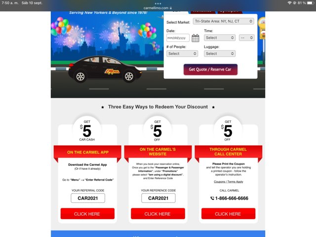 CarmelLimo checkout page showing CarmelLimo discount code box | Screenshot taken by SimplyCodes community member on Sep 10, 2022