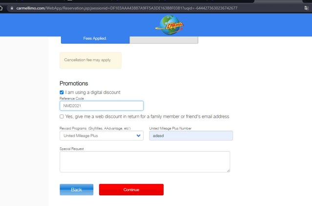 CarmelLimo checkout page showing CarmelLimo discount code box | Screenshot taken by SimplyCodes community member on Feb 14, 2022
