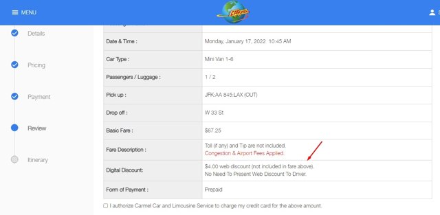 CarmelLimo checkout page showing CarmelLimo discount code box | Screenshot taken by SimplyCodes community member on Jan 14, 2022