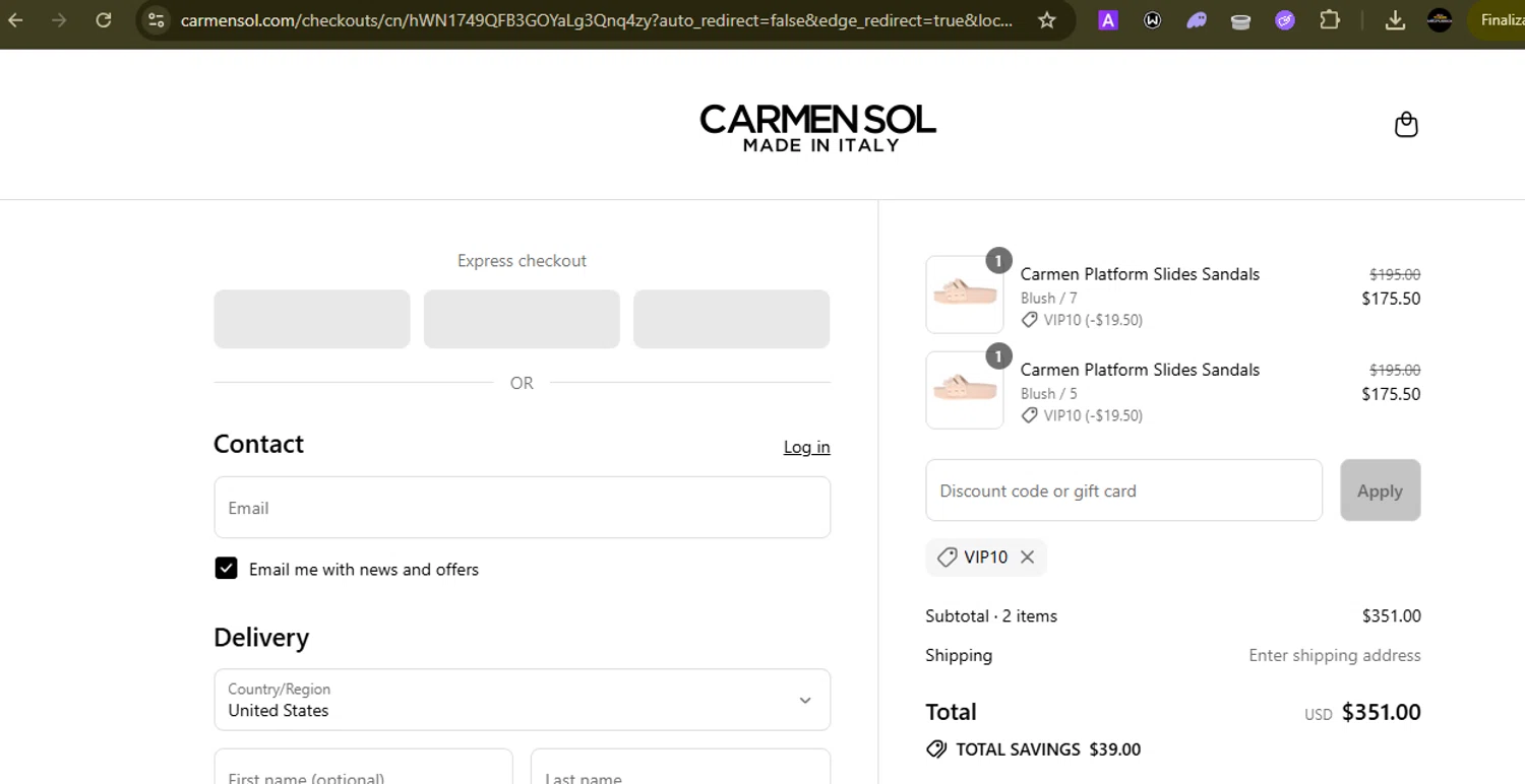 Carmen Sol discount code screenshot showing code VIP10 applied at Carmen Sol checkout page. Uploaded by SimplyCodes community member SilverMonarch6357 on Jul 27, 2025