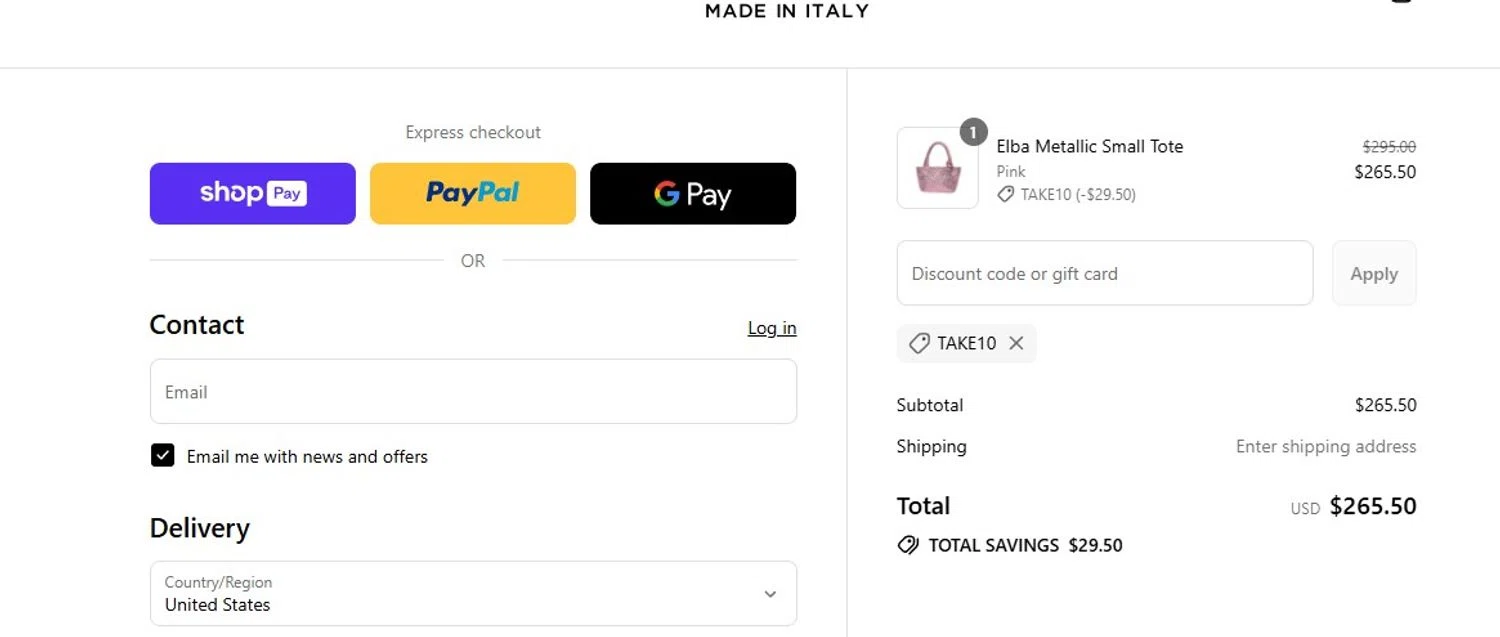 Carmen Sol discount code screenshot showing code TAKE10 applied at Carmen Sol checkout page. Uploaded by SimplyCodes community member ThornPrincess on Jul 14, 2025