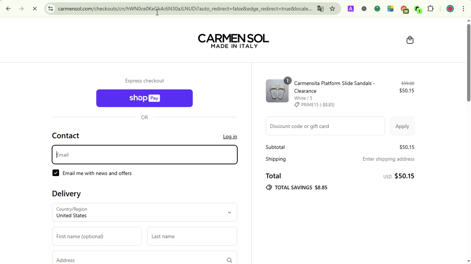 Carmen Sol discount code screenshot showing code PRIME15 applied at Carmen Sol checkout page. Uploaded by SimplyCodes community member GoldAce5838 on Jul 14, 2025