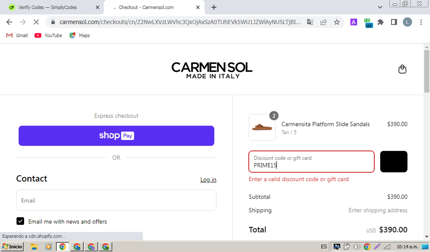 Carmen Sol discount code screenshot showing code PRIME15 applied at Carmen Sol checkout page. Uploaded by SimplyCodes community member coder_luis on Jul 14, 2025