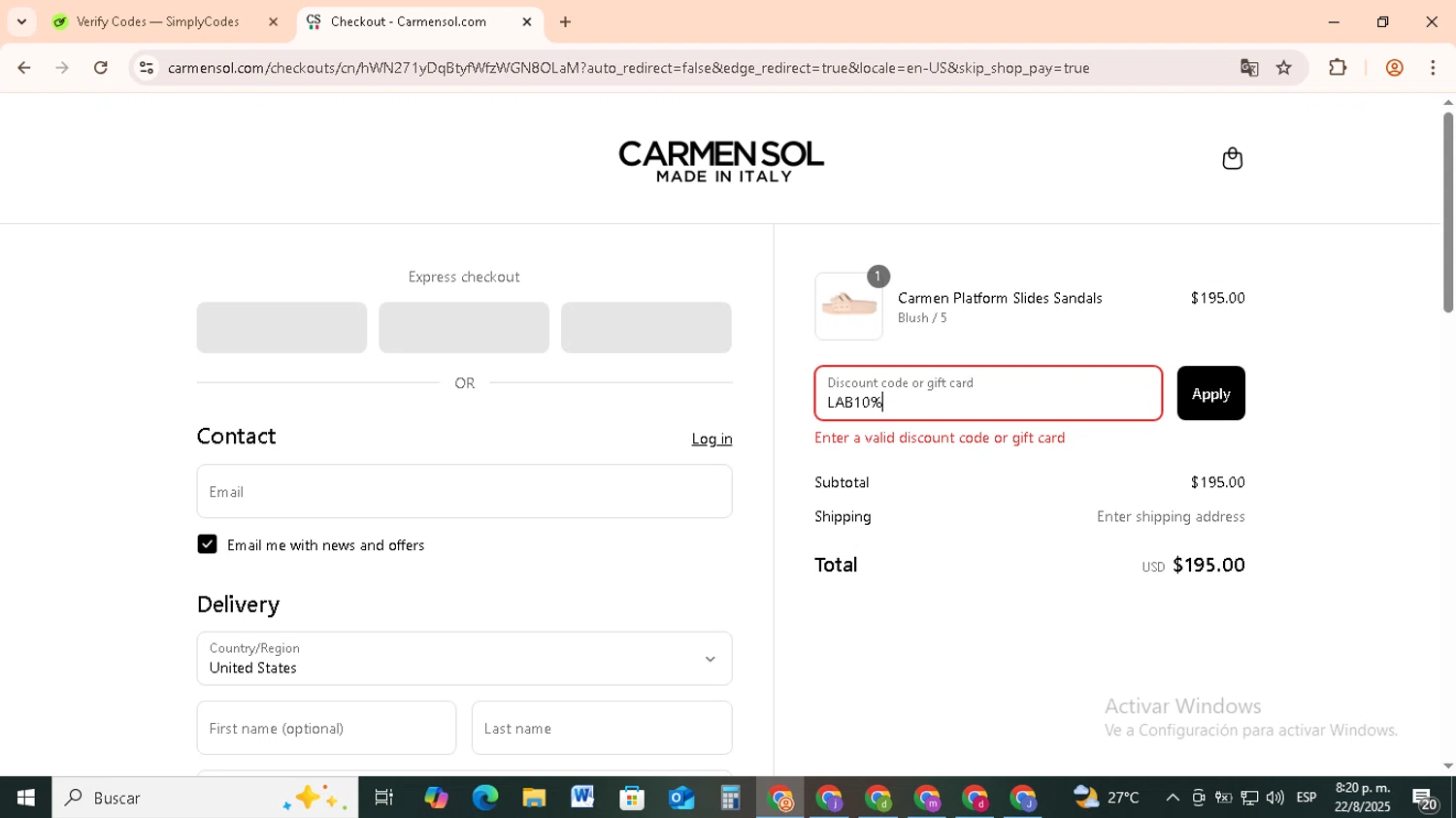 Carmen Sol discount code screenshot showing code LAB10% applied at Carmen Sol checkout page. Uploaded by SimplyCodes community member RebateCollector5909 on Aug 23, 2025