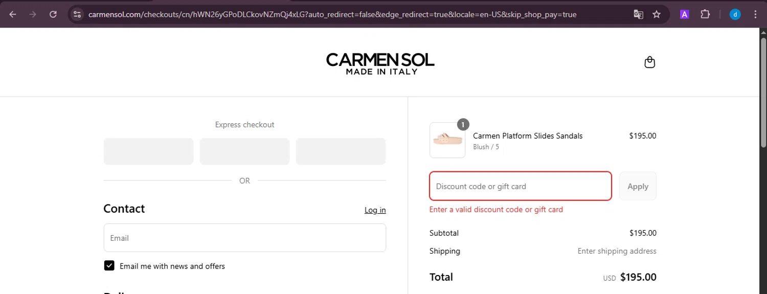 Carmen Sol discount code screenshot showing code LAB10% applied at Carmen Sol checkout page. Uploaded by SimplyCodes community member ShieldKnight4744 on Aug 22, 2025