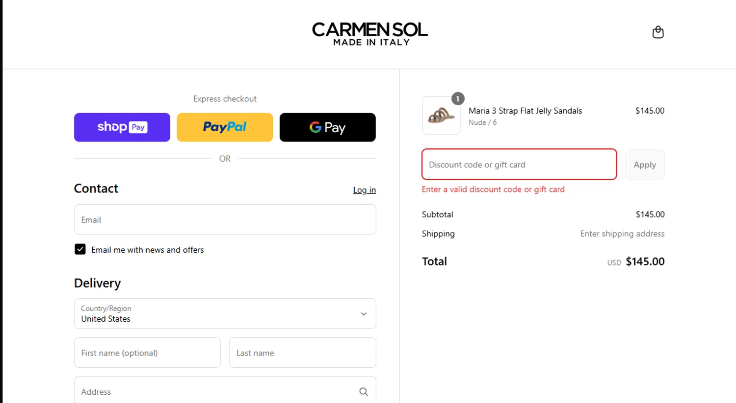 Carmen Sol discount code screenshot showing code LAB10% applied at Carmen Sol checkout page. Uploaded by SimplyCodes community member puntoloco on Aug 23, 2025