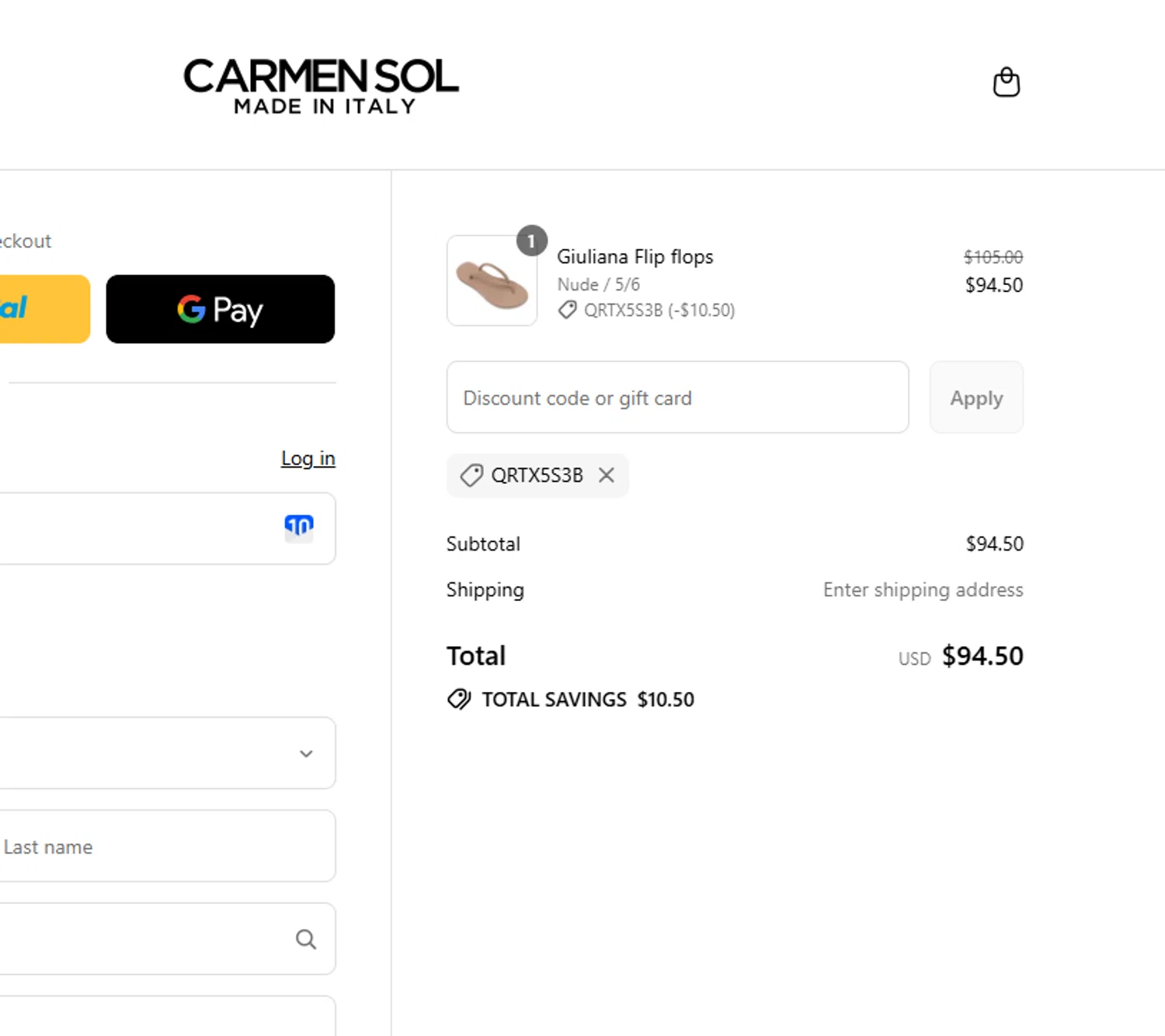 Carmen Sol discount code screenshot showing code QRTX5S3B applied at Carmen Sol checkout page. Uploaded by SimplyCodes community member Westcoll on Aug 13, 2025