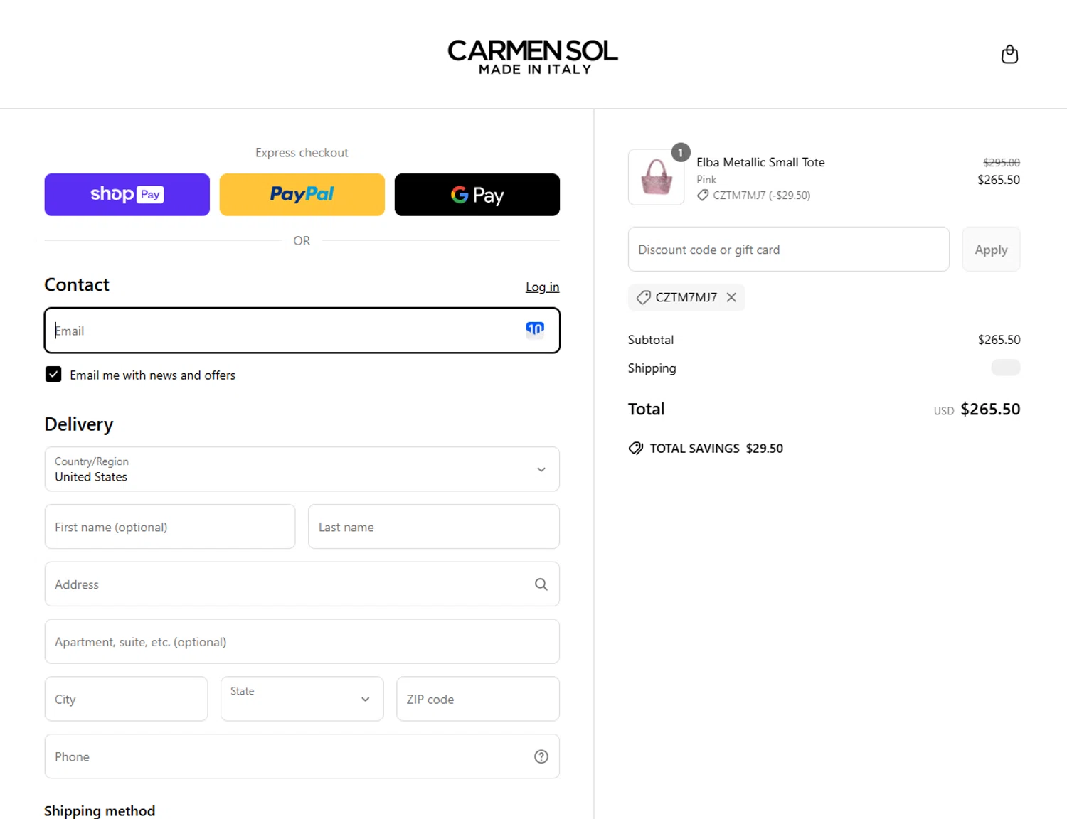 Carmen Sol discount code screenshot showing code CZTM7MJ7 applied at Carmen Sol checkout page. Uploaded by SimplyCodes community member Westcoll on Jun 22, 2025