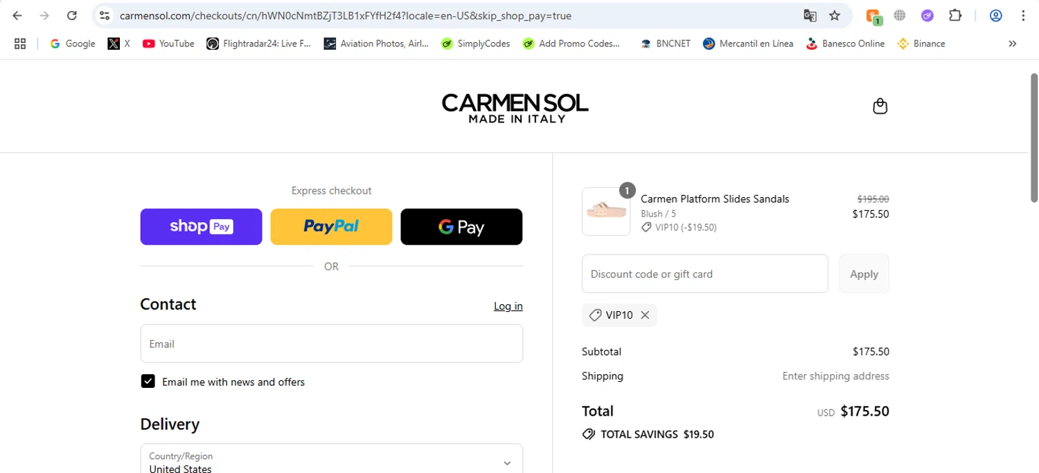 Carmen Sol discount code screenshot showing code VIP10 applied at Carmen Sol checkout page. Uploaded by SimplyCodes community member victor on Jul 14, 2025