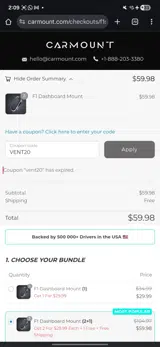 VENT20 coupon verification screenshot