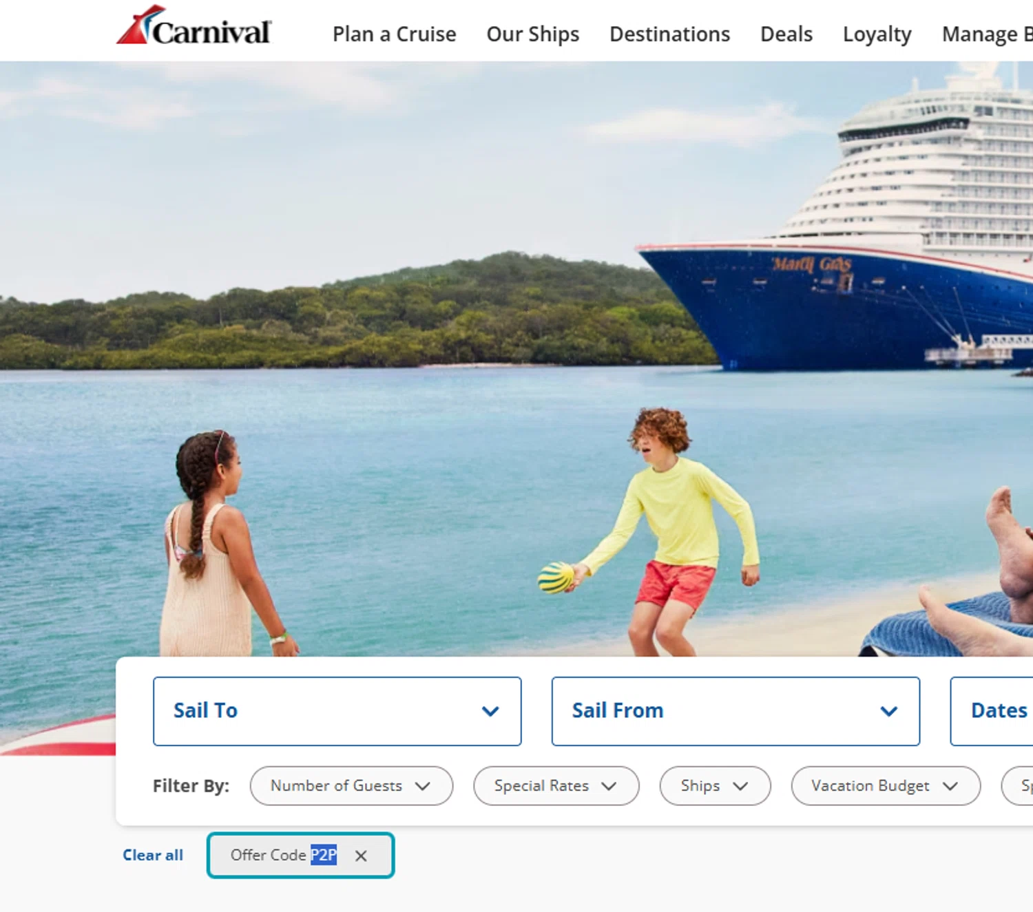 Carnival Cruise Lines promo code screenshot showing code P2P applied at Carnival Cruise Lines checkout page. Uploaded by SimplyCodes community member Dejadepicharme on Jan 31, 2026