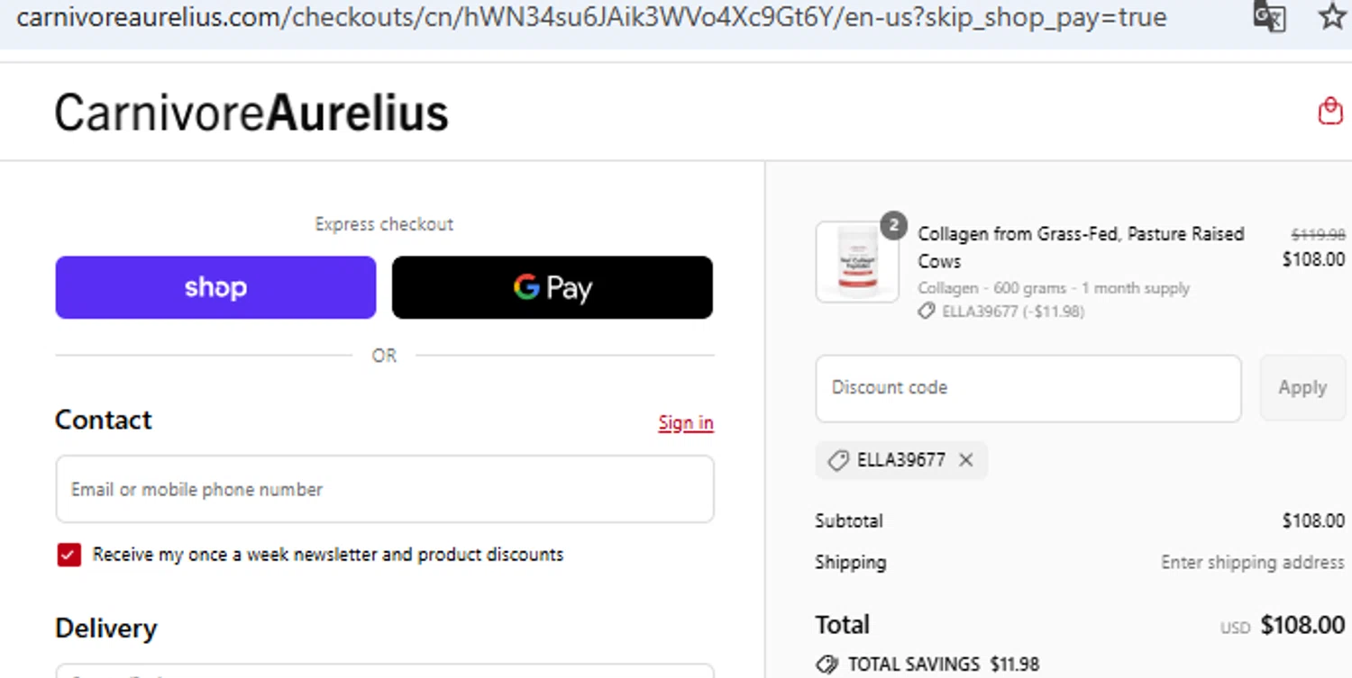 Carnivore Aurelius discount code screenshot showing code ella39677 applied at Carnivore Aurelius checkout page. Uploaded by SimplyCodes community member PennyOwl2559 on Sep 17, 2025