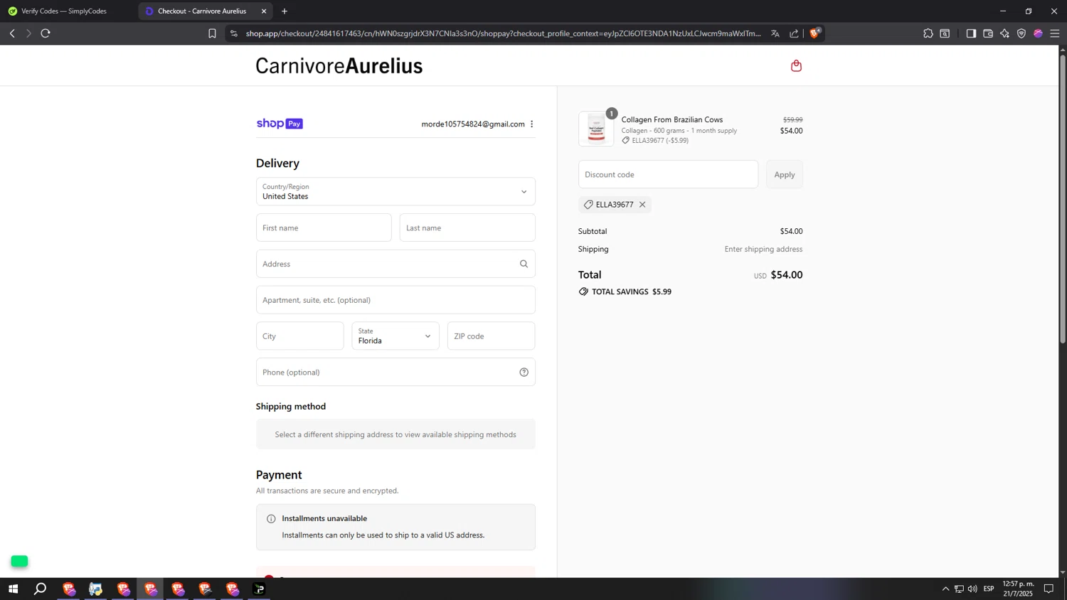 Carnivore Aurelius discount code screenshot showing code ella39677 applied at Carnivore Aurelius checkout page. Uploaded by SimplyCodes community member lllllllllllllll on Jul 21, 2025