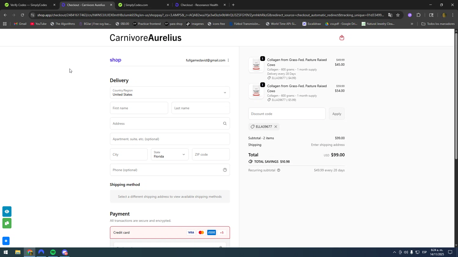 Carnivore Aurelius discount code screenshot showing code ella39677 applied at Carnivore Aurelius checkout page. Uploaded by SimplyCodes community member kakakakakka on Nov 14, 2025