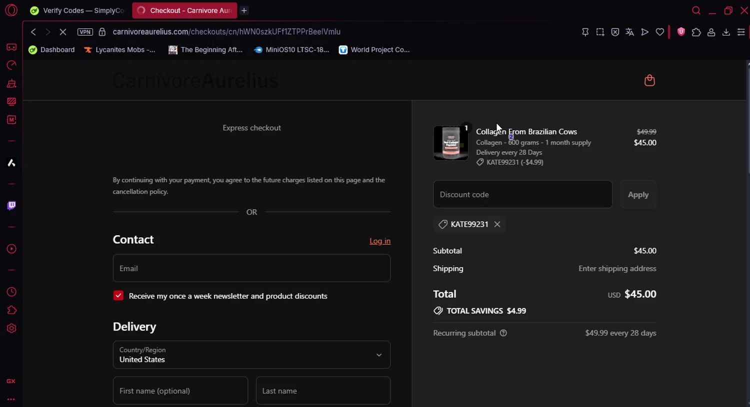 Carnivore Aurelius discount code screenshot showing code kate99231 applied at Carnivore Aurelius checkout page. Uploaded by SimplyCodes community member Ema007 on Jul 21, 2025