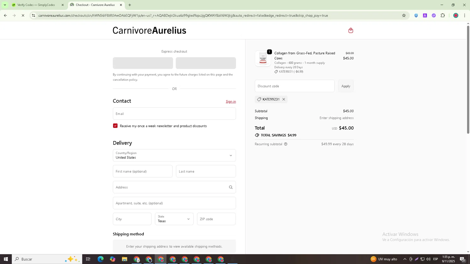 Carnivore Aurelius discount code screenshot showing code kate99231 applied at Carnivore Aurelius checkout page. Uploaded by SimplyCodes community member Joseph_Davis on Nov 9, 2025