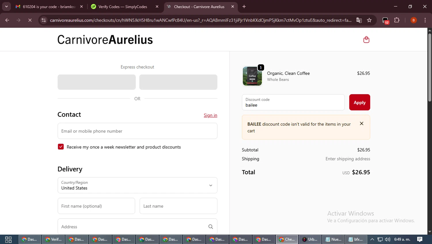 Carnivore Aurelius discount code screenshot showing code bailee applied at Carnivore Aurelius checkout page. Uploaded by SimplyCodes community member DiscountExpert6435 on Nov 15, 2025