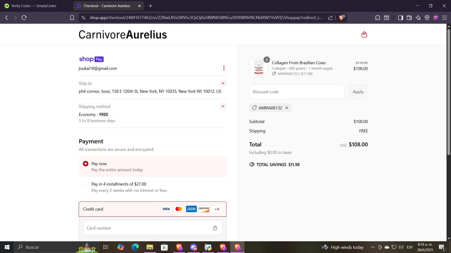 Carnivore Aurelius discount code screenshot showing code Amira06132 applied at Carnivore Aurelius checkout page. Uploaded by SimplyCodes community member Despechao on Jun 28, 2025
