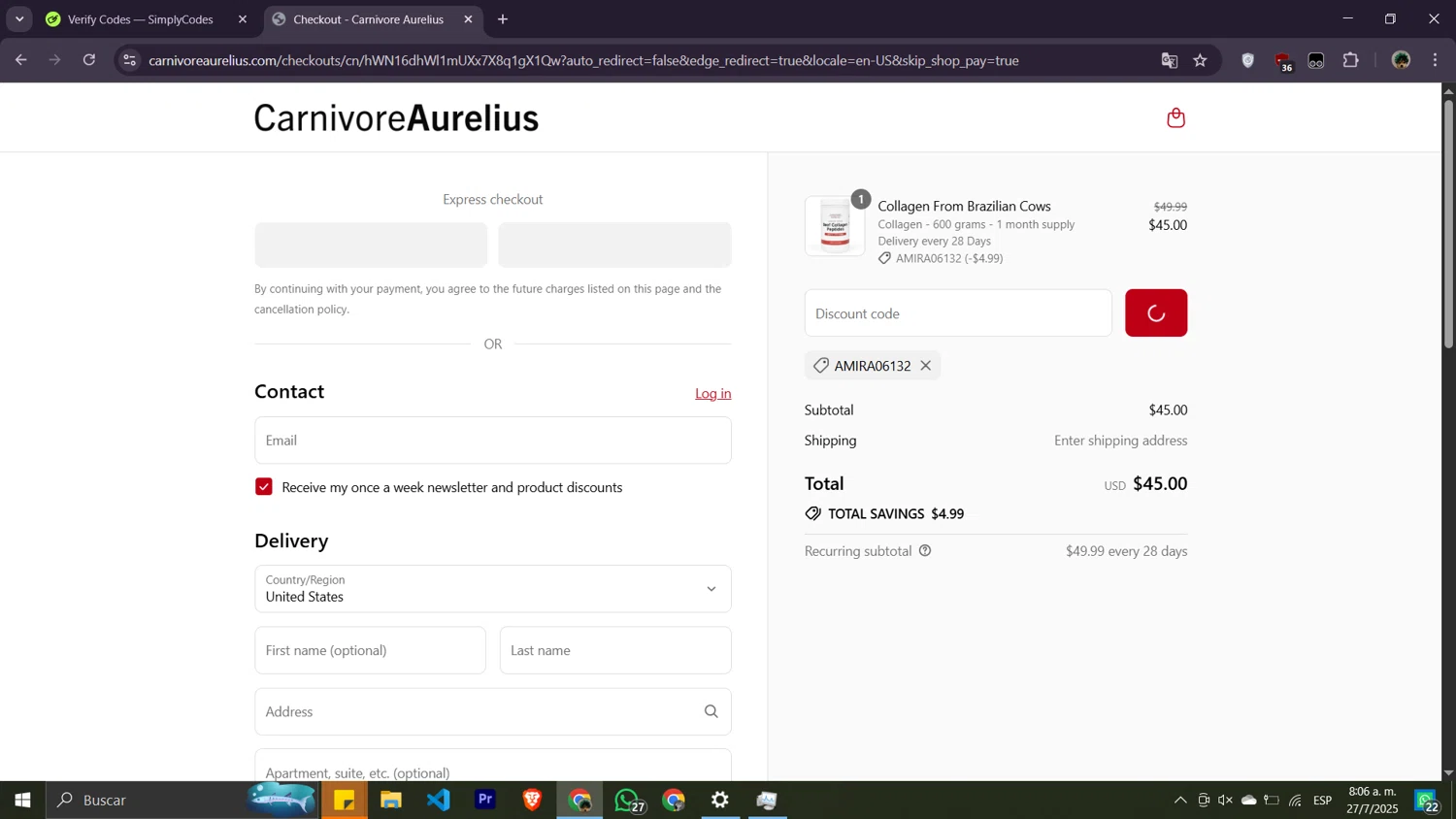 Carnivore Aurelius discount code screenshot showing code Amira06132 applied at Carnivore Aurelius checkout page. Uploaded by SimplyCodes community member Moisesdk0 on Jul 27, 2025