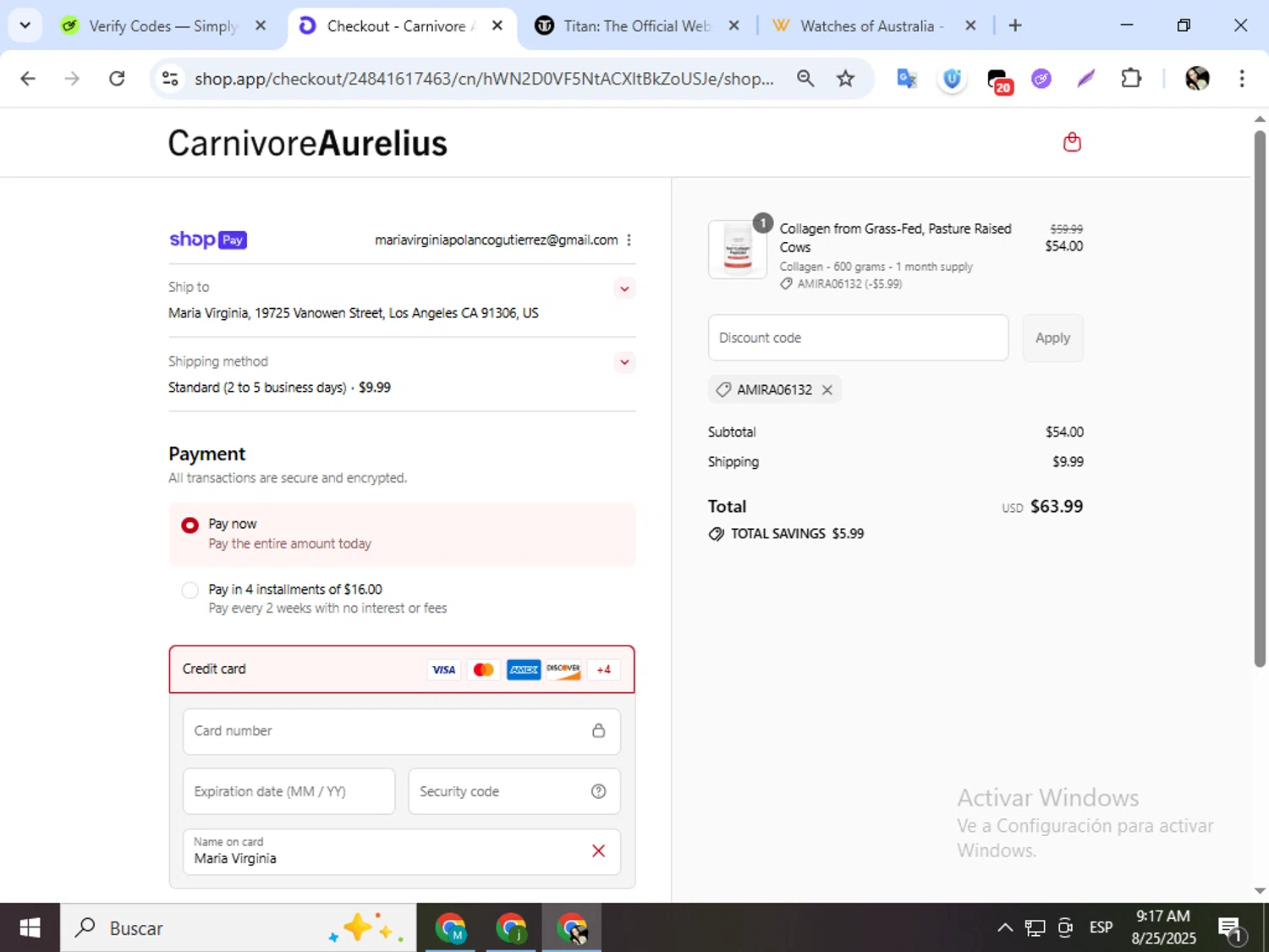 Carnivore Aurelius discount code screenshot showing code Amira06132 applied at Carnivore Aurelius checkout page. Uploaded by SimplyCodes community member mariapolancog on Aug 25, 2025