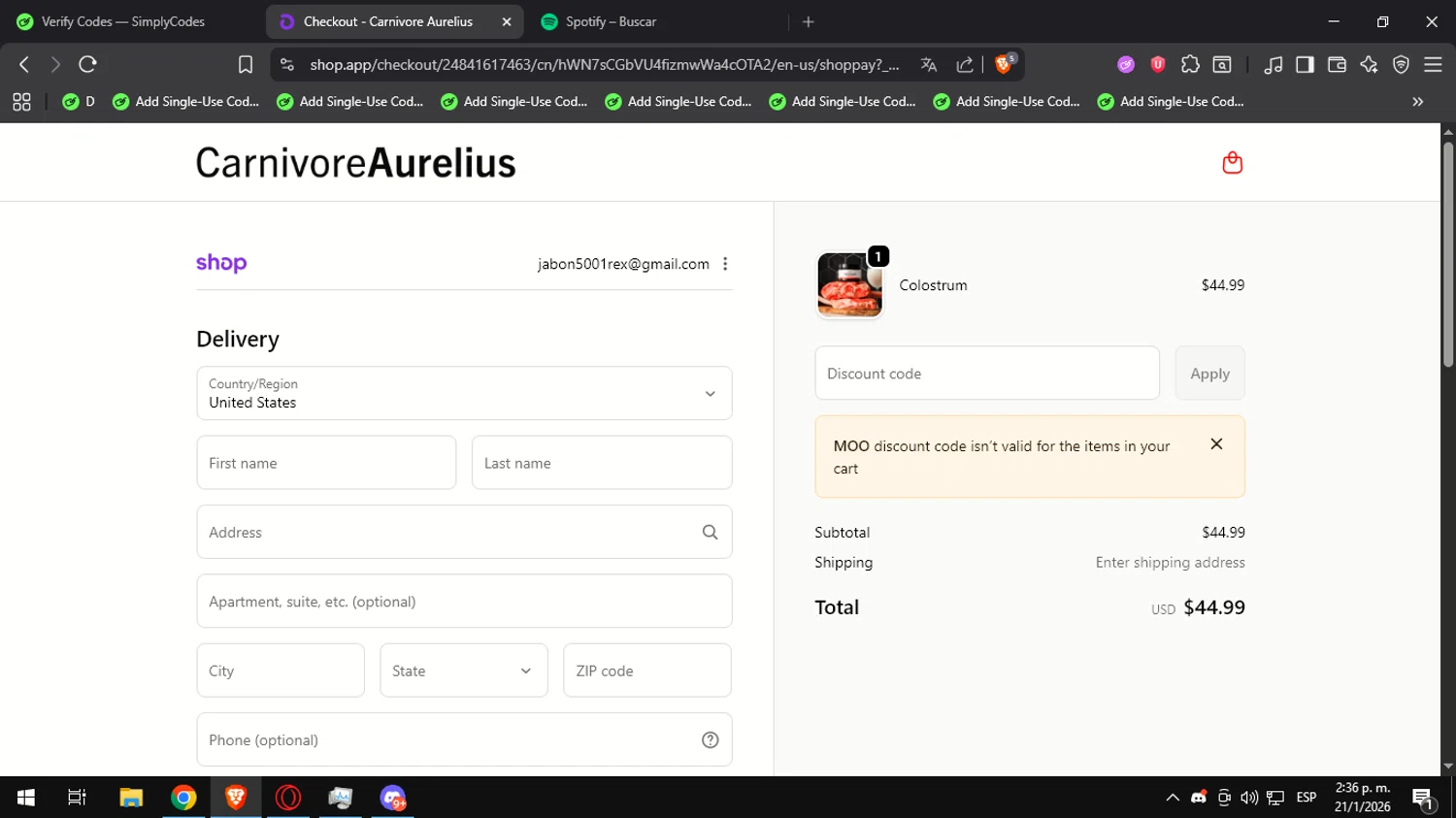 Carnivore Aurelius checkout page showing Carnivore Aurelius discount code box | Screenshot taken by SimplyCodes community member on Jan 21, 2026