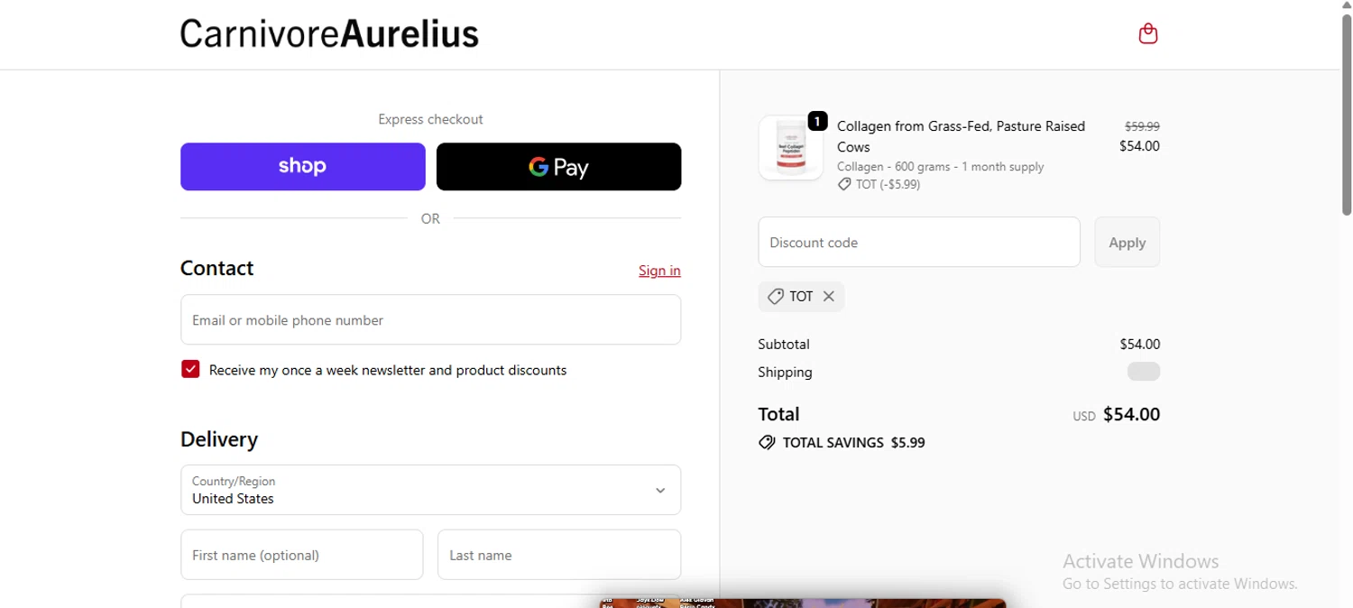 Carnivore Aurelius discount code screenshot showing code TOT applied at Carnivore Aurelius checkout page. Uploaded by SimplyCodes community member anosesmith on Nov 5, 2025