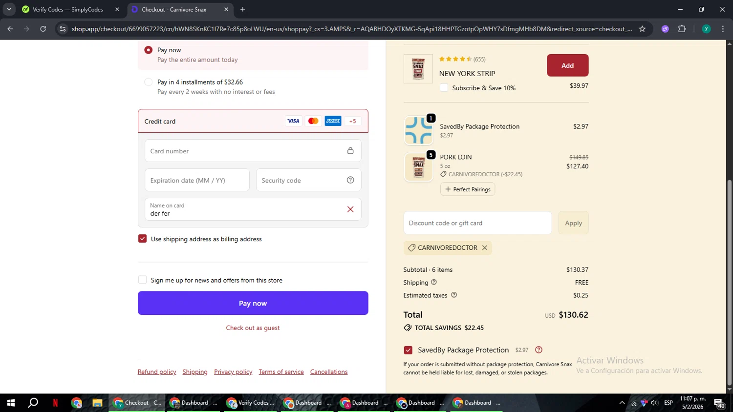 Carnivore Snax checkout page showing Carnivore Snax discount code box | Screenshot taken by SimplyCodes community member on Feb 6, 2026