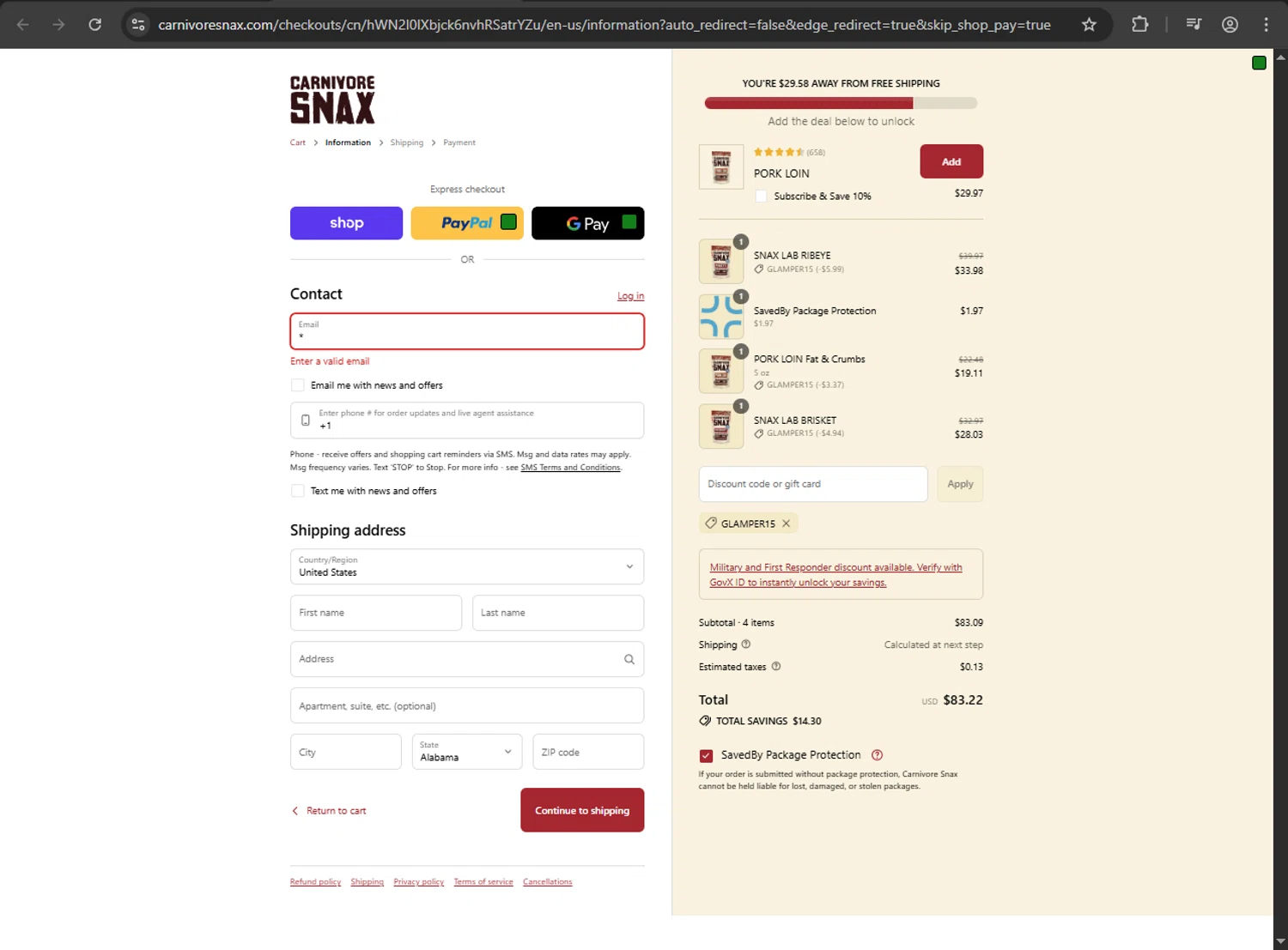 Carnivore Snax discount code screenshot showing code GLAMPER15 applied at Carnivore Snax checkout page. Uploaded by SimplyCodes community member Aljondris97 on Sep 8, 2025