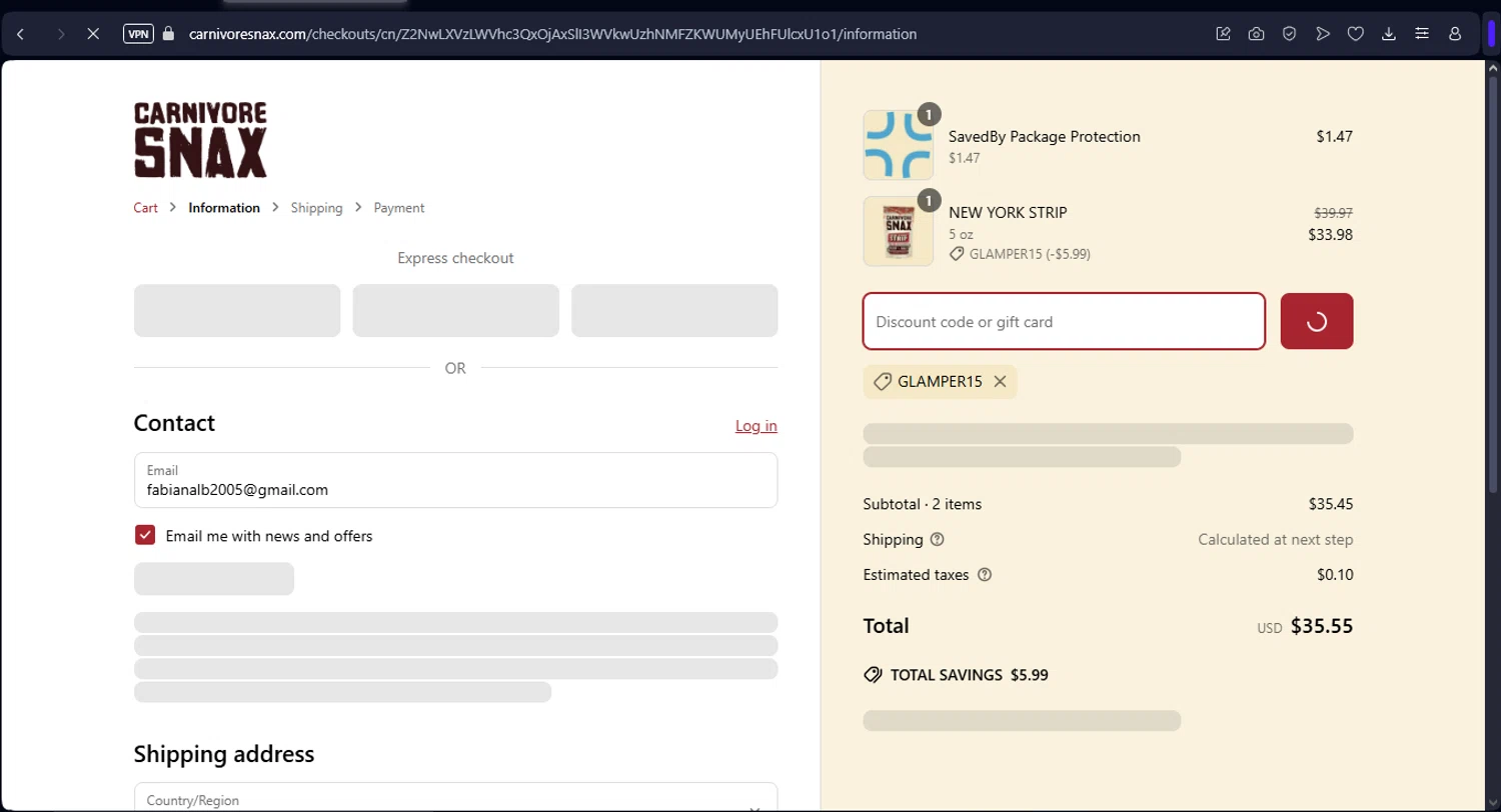 Carnivore Snax discount code screenshot showing code GLAMPER15 applied at Carnivore Snax checkout page. Uploaded by SimplyCodes community member FrugalFox6593 on Apr 7, 2025