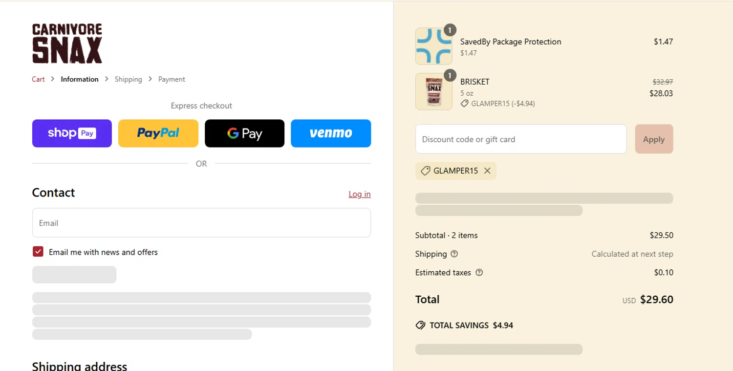 Carnivore Snax discount code screenshot showing code GLAMPER15 applied at Carnivore Snax checkout page. Uploaded by SimplyCodes community member TreasureWarden2401 on May 29, 2025