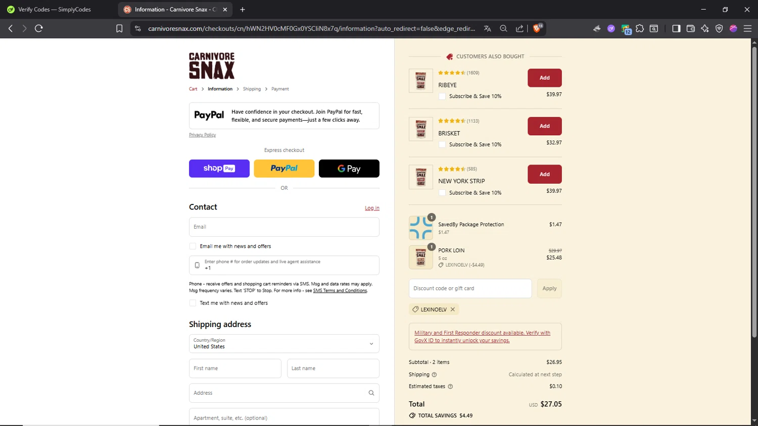 Carnivore Snax discount code screenshot showing code LEXINOELV applied at Carnivore Snax checkout page. Uploaded by SimplyCodes community member Morrachida04 on Aug 27, 2025