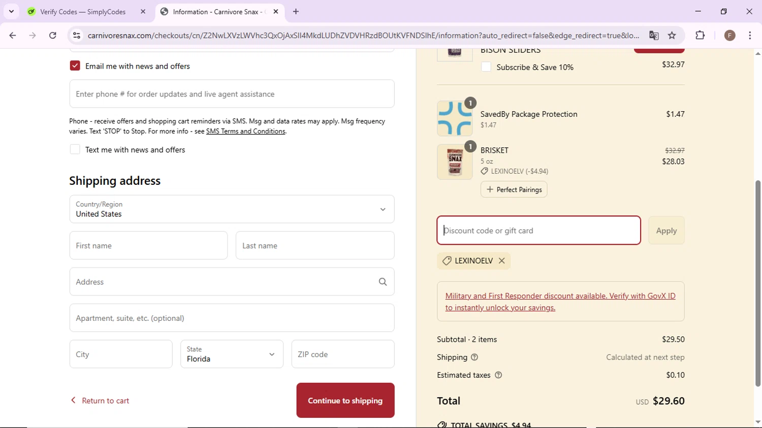 Carnivore Snax discount code screenshot showing code LEXINOELV applied at Carnivore Snax checkout page. Uploaded by SimplyCodes community member CashLion2660 on Apr 7, 2025